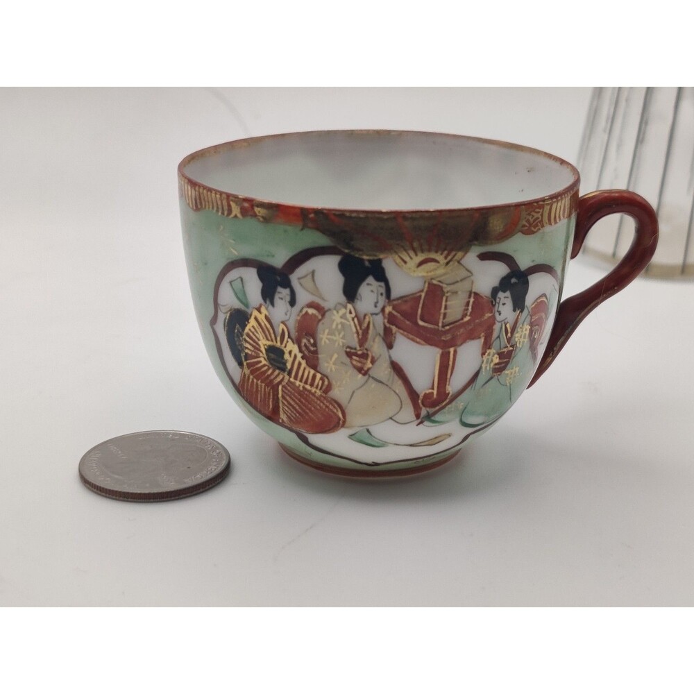 Vintage Japanese Kutani Style Porcelain Tea Cup Hand Painted Geisha Gold
